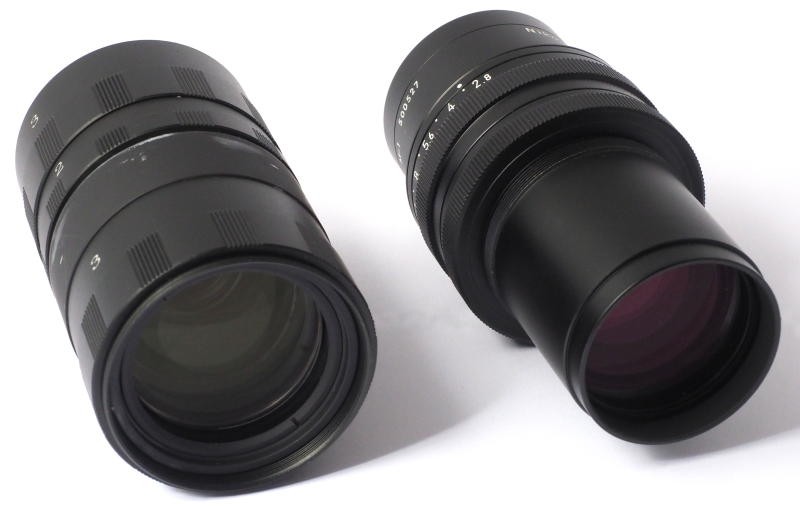 比较扫描仪Nikkor 100毫米(左)和打印Nikkor 105毫米f / 2.8 A(右)。
上:桶的前端。底部:后端。